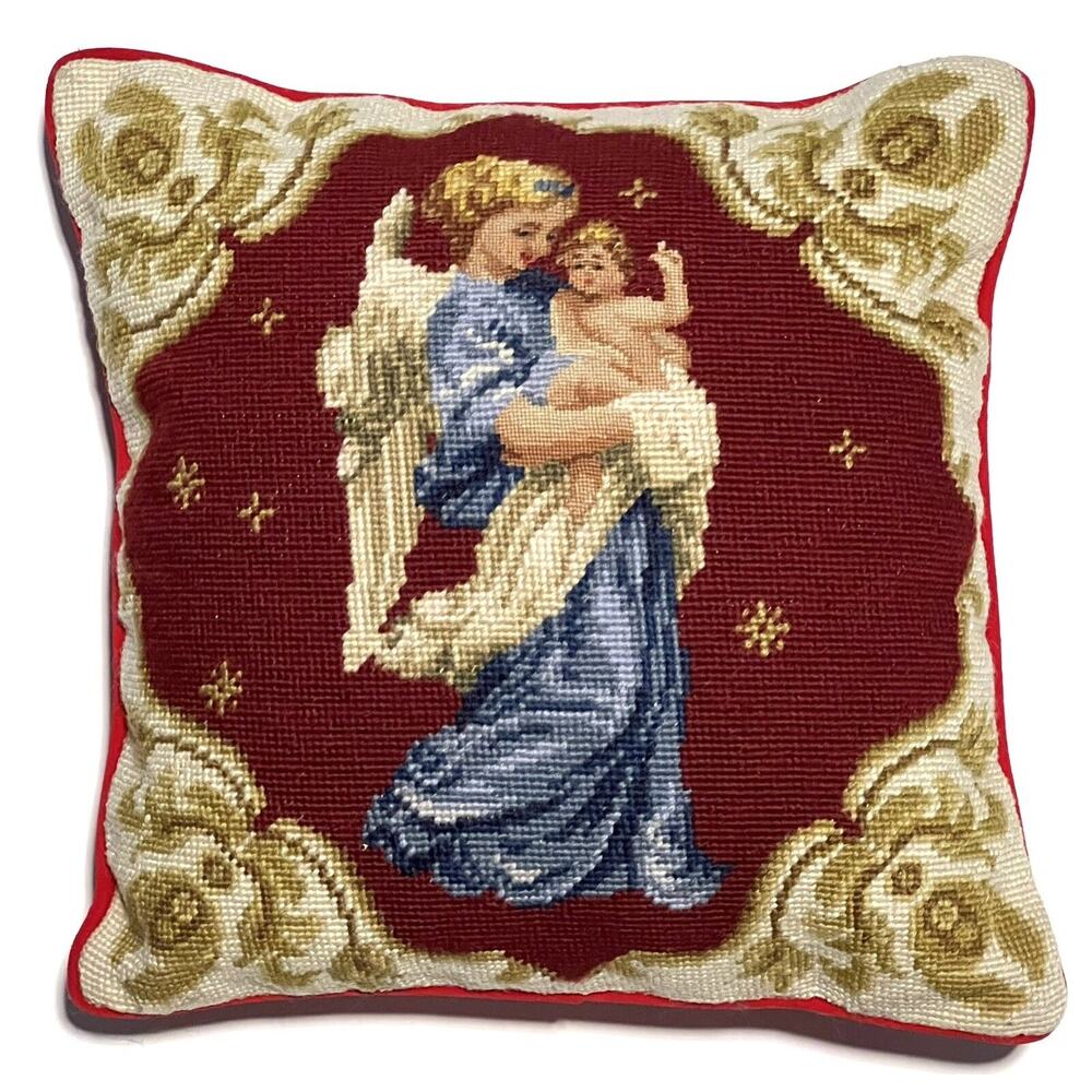 Vintage Christmas Needlepoint Petit Point Pillow Victorian Angel Baby13X13”